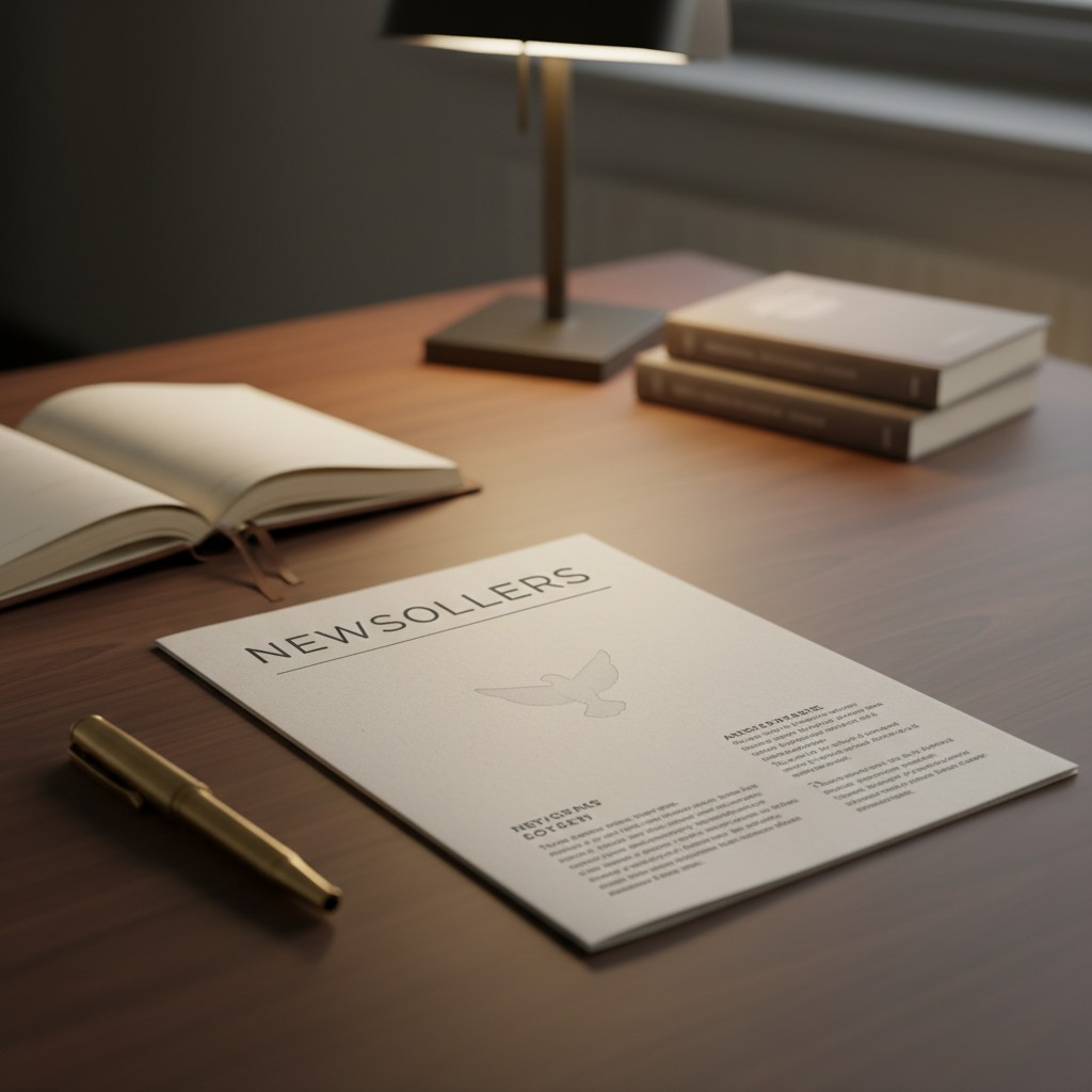 A desk with a book, lamp, and 'Newssellers' magazine with a bird written on it.